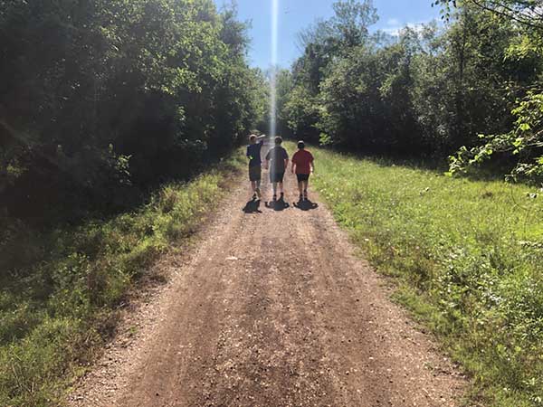 Three Scouts walking along a sunny, tree-lined trail.